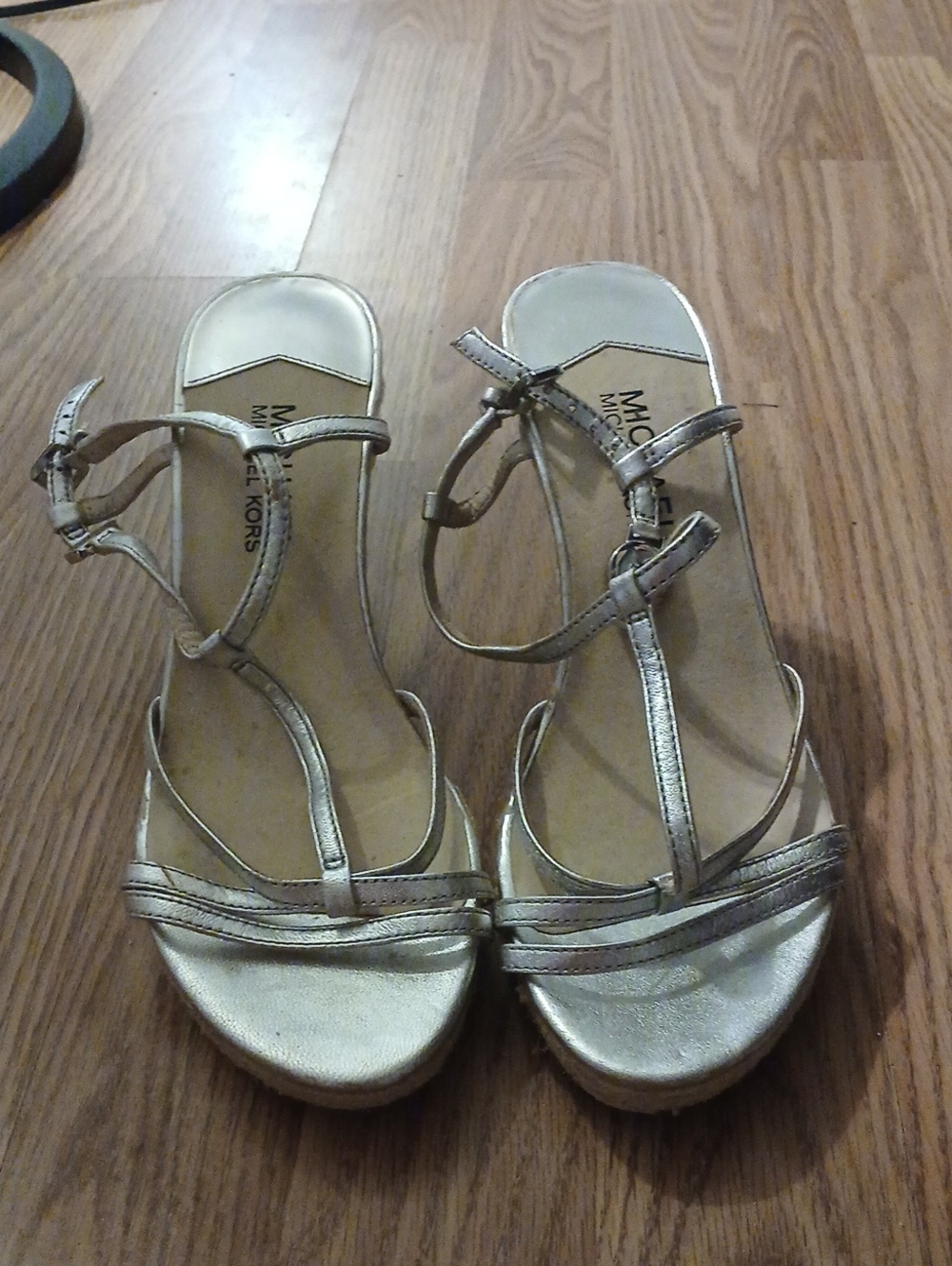 MICHAEL Michael Kors Metallic Silver Cork Wedge Sandals.